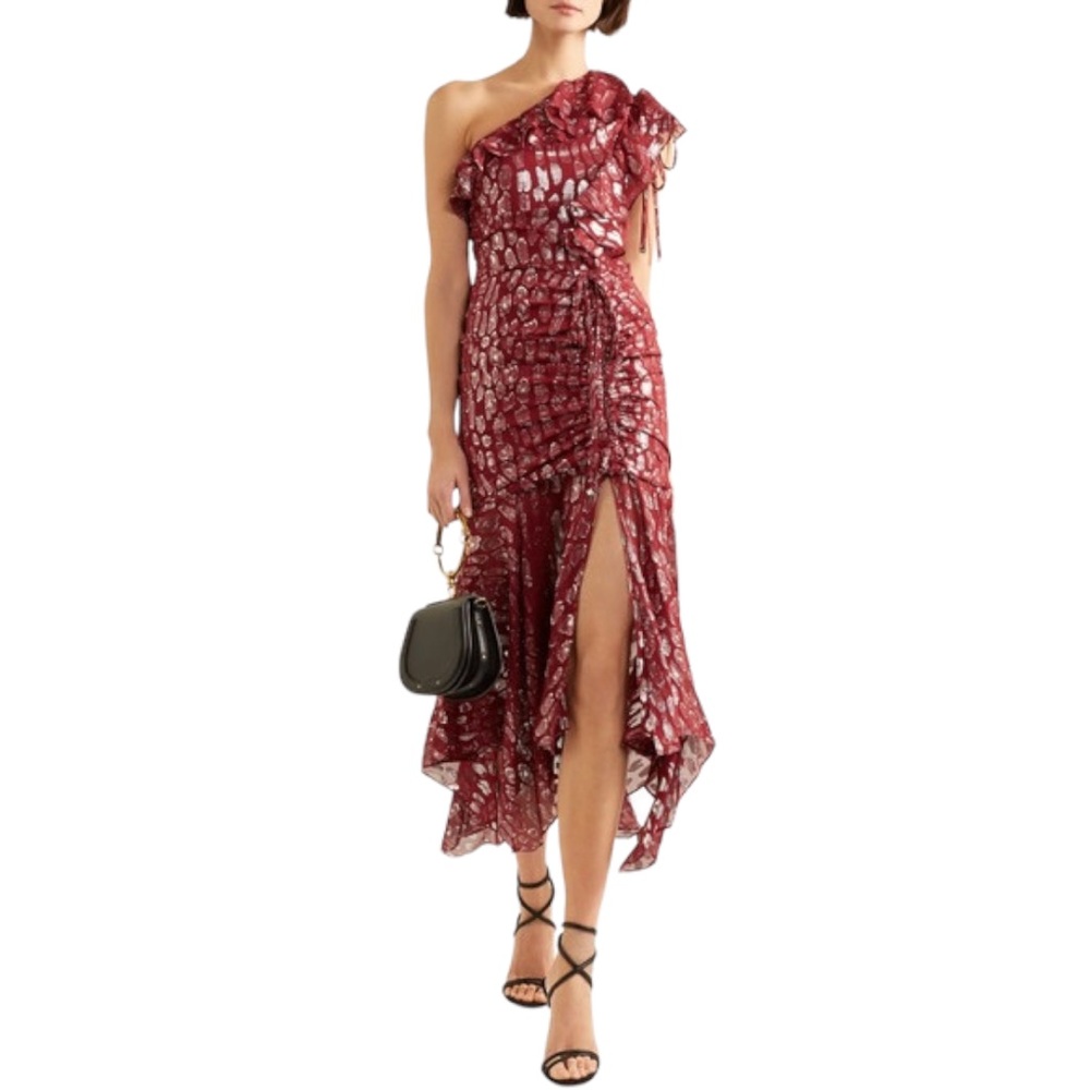 Veronica Beard 'Leighton' One-Shoulder Metallic Silk Dress, Burgundy, Size 6